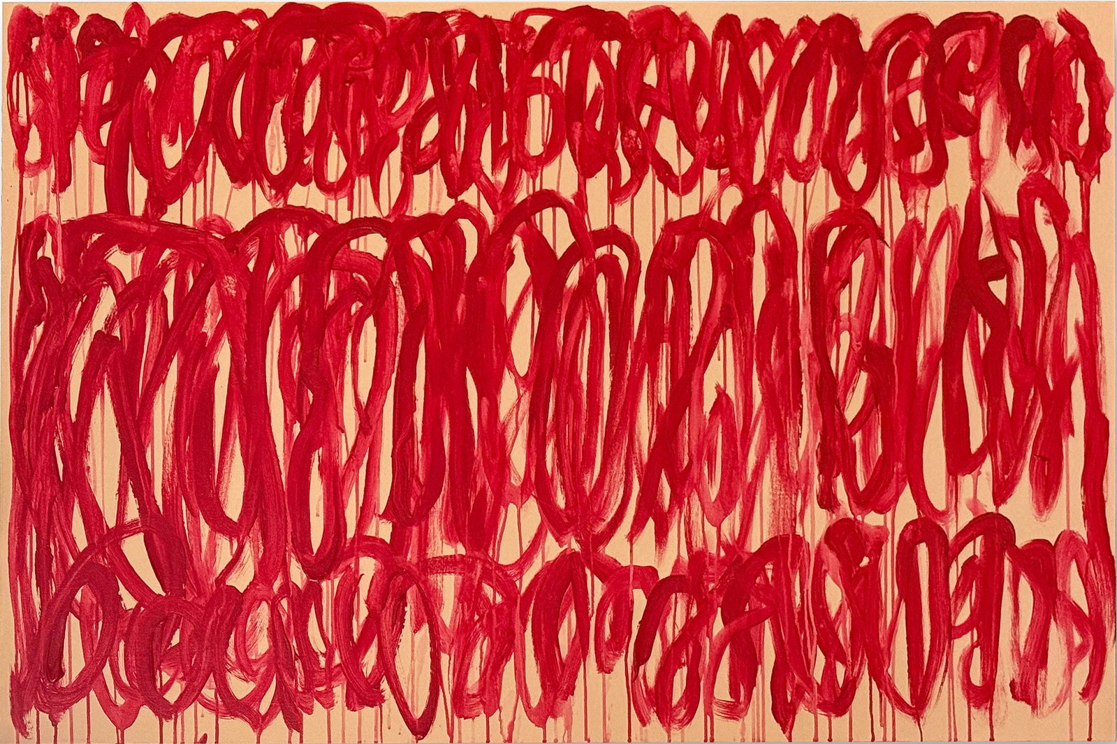 Cy Twombly Attr. Untitled Gestural Abstraction, acrylic on canvas: Cy Twombly (1928–2011) signed 'C7, 04 yaete' (verso) acrylic on canvas Dimensions: Image size 86.5 × 130.5 cm. Description: A large gestural abstraction of repeated red loops and scrawled marks ove