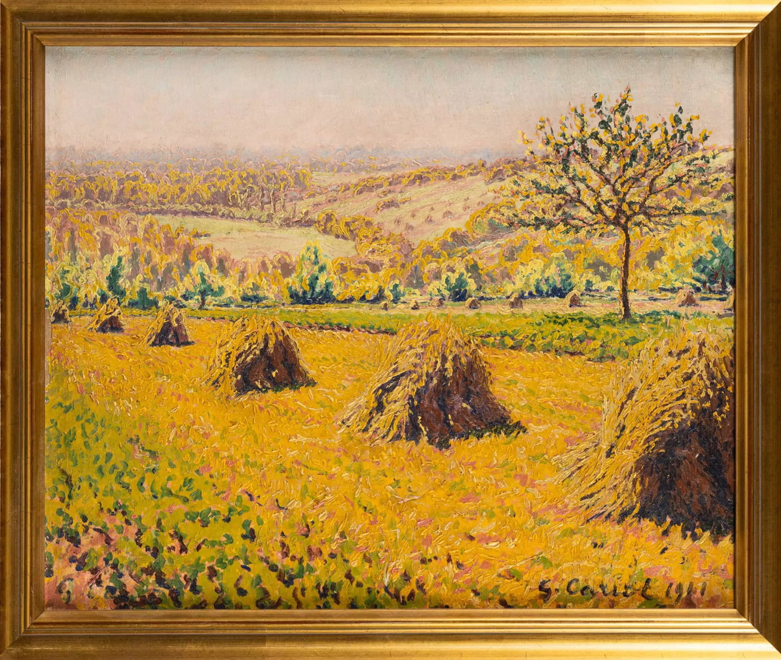 Gustave Cariot Attr. Rural Landscape, oil on canvas: Gustave Cariot (1872–1950) signed and dated 'G. Cariot 1911' (lower right) oil on original canvas Dimensions: Image size 38 × 46 cm. Description: A luminous rural landscape with haystacks, orchard 