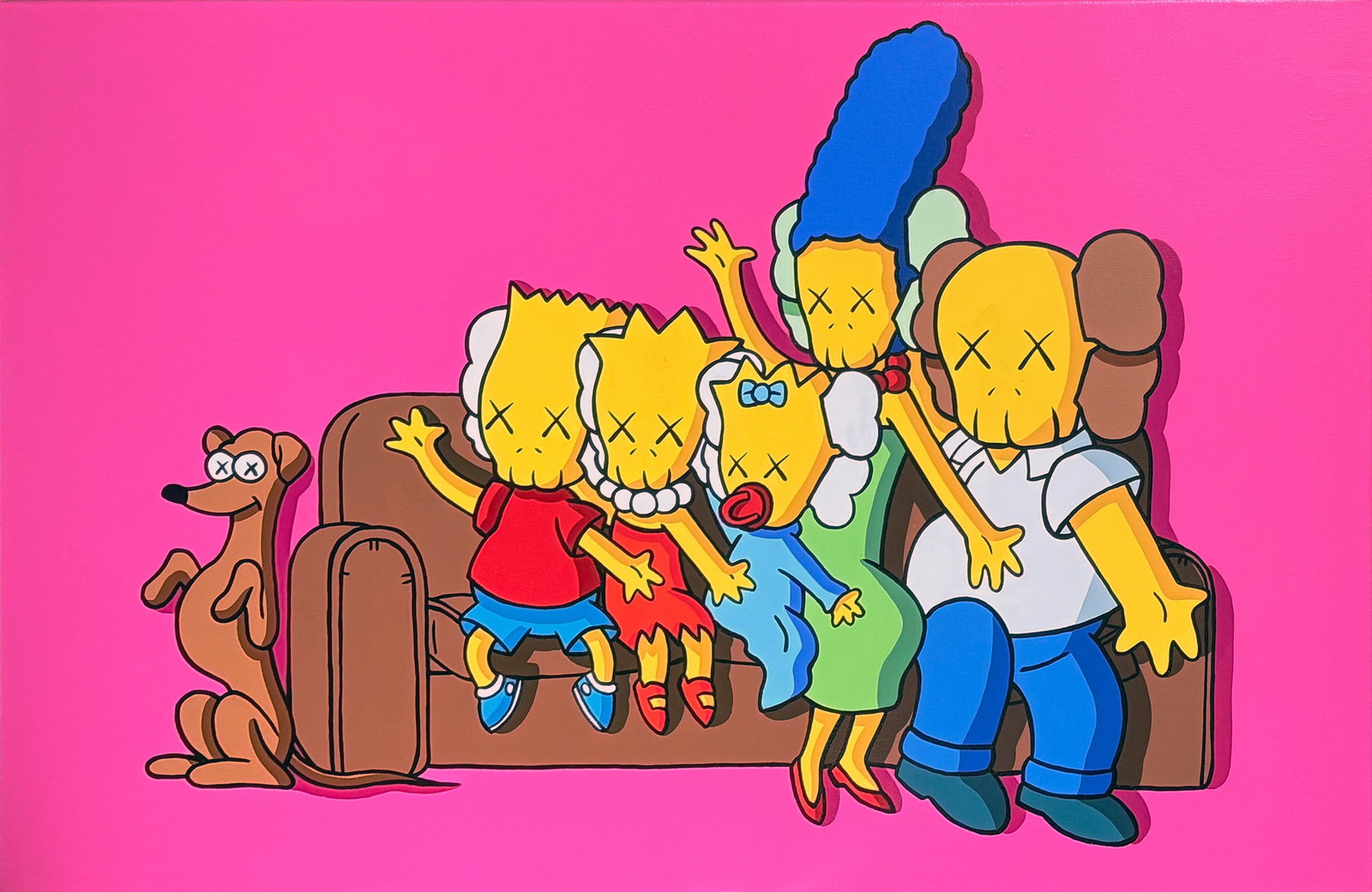 KAWS Attr. Companion Composition, acrylic on canvas: KAWS (born 1974) signed 'KAWS 04' (verso) acrylic on canvas Dimensions: Image size 58.5 × 89 cm. Description: A vivid cartoon-derived composition dominated by a pink ground and the unmistakable X-eye