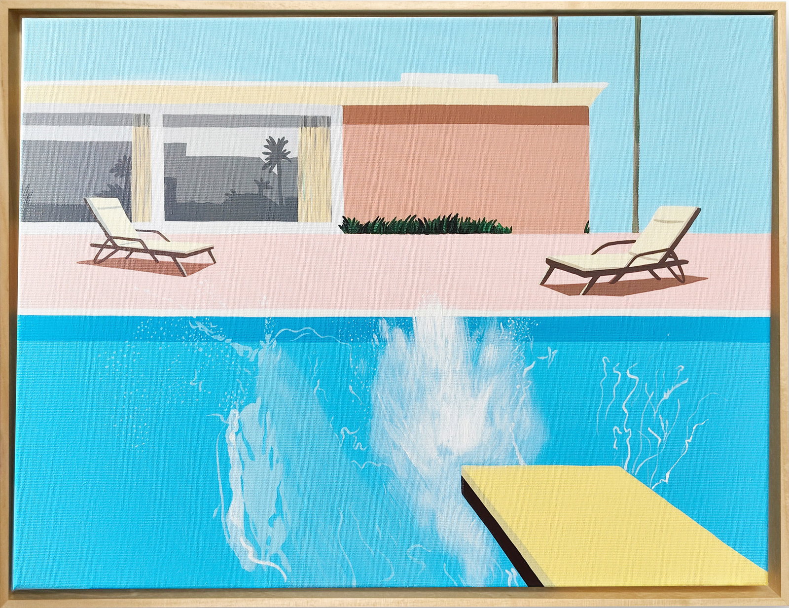 David Hockney Attr. A Splash, acrylic on canvas: David Hockney (born 1937) signed 'A splash 1967' (verso) acrylic on canvas Dimensions: Image size 45 × 60.5 cm; framed size 48 × 62.5 cm. Description: A sharply composed poolside scene in flat