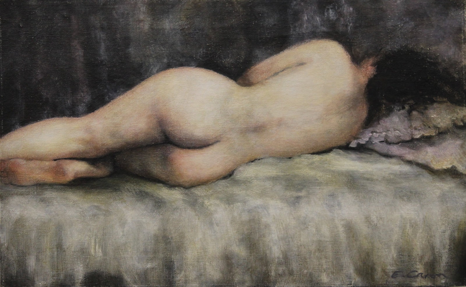 Emmanuel Caront Attr. Female Rear Nude, oil on canvas: Emmanuel Caront (1920-1960s) Female Rear Nude signed 'E.Caron' (lower right) oil on canvas Dimensions: Image size 41 × 25.5 cm. Description: E. Caron, Female Rear Nude Study, oil on canvas,