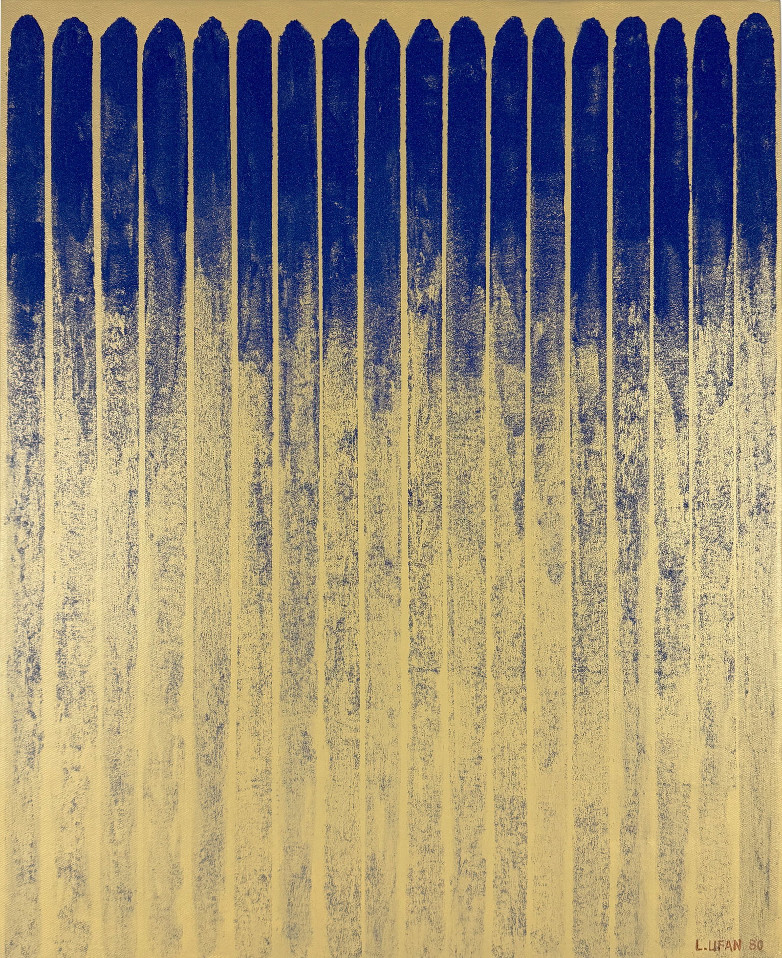 Lee Ufan Attr. vertical composition of repeated blue strokes, oil and mineral pigment on canvas: Lee Ufan (born 1936) signed 'from line No.800208 leeufan' (verso) oil and mineral pigment on canvas Dimensions: Image size 65 × 53 cm. Description: A meditative vertical composition of repeated blue