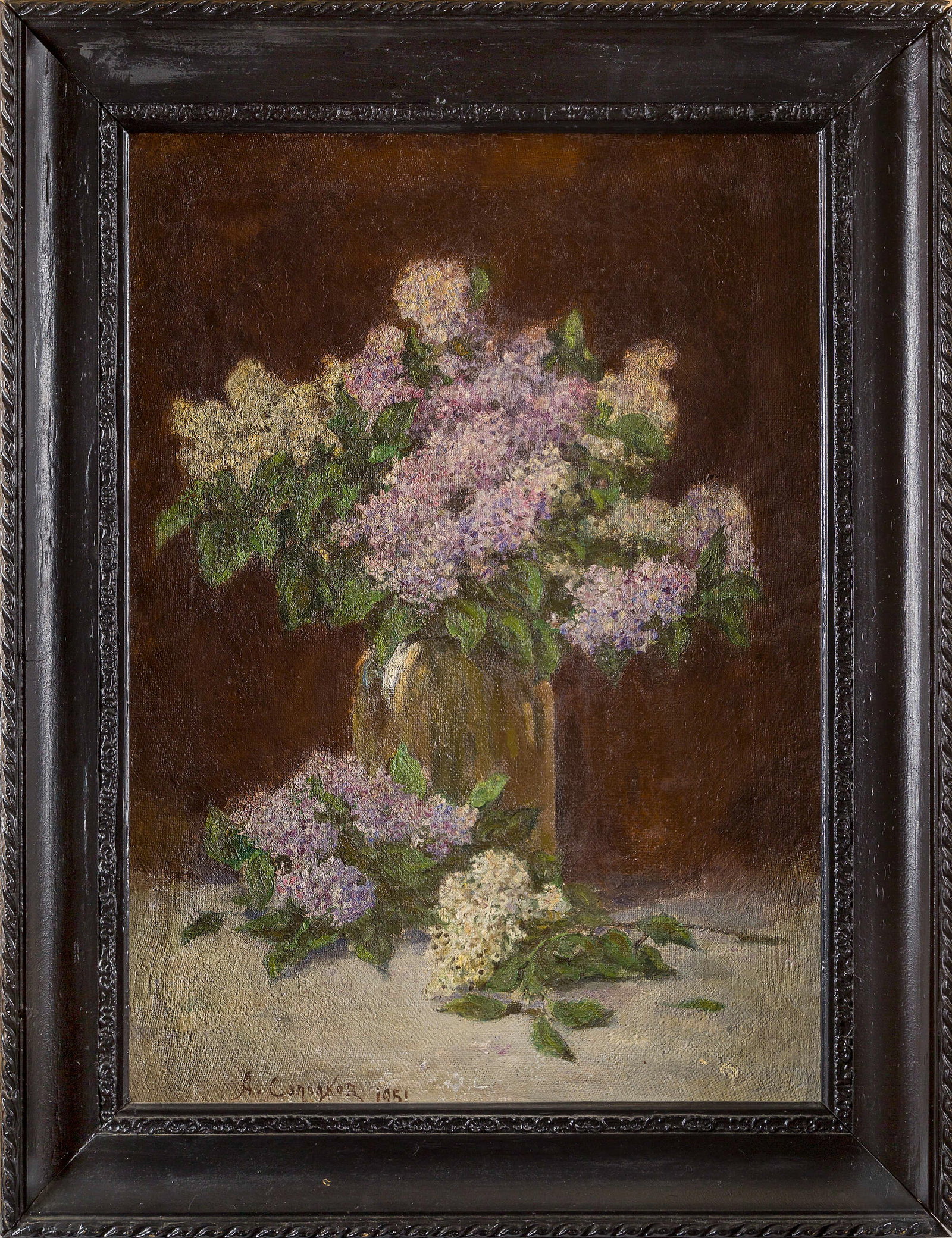 Aleksey Mikhailovich Solodkov Attr. Floral Still Life, oil on canvas: Aleksey Mikhailovich Solodkov (1880–1953) signed and dated '?. ???????? 1951' lower left oil on canvas Dimensions: Image size 85 × 60 cm. Description: A floral still life with lilac-toned blossoms 