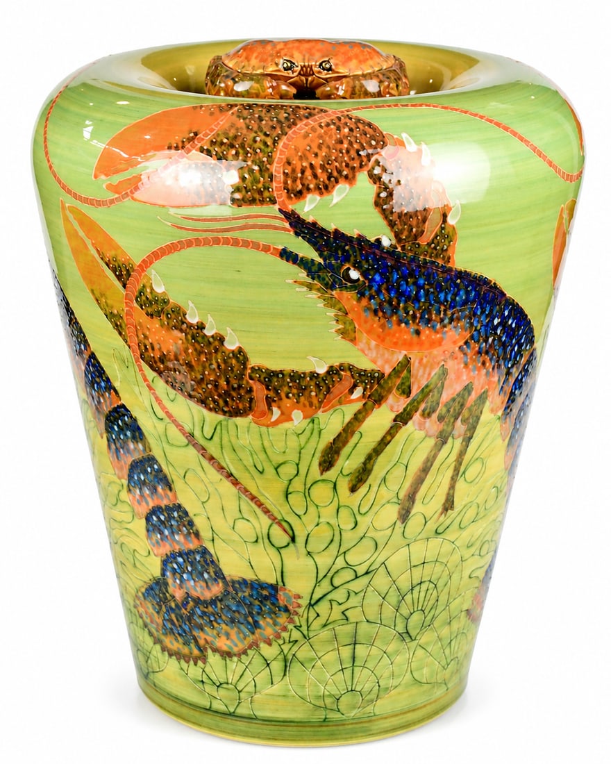 SALLY TUFFIN, Lobster: Sally Tuffin for Dennis Chinaworks Dimensions: Height 28 cm. Description: A large limited edition jar and cover decorated with lobsters and shells to the body, the cover applied with a crab, numbered
