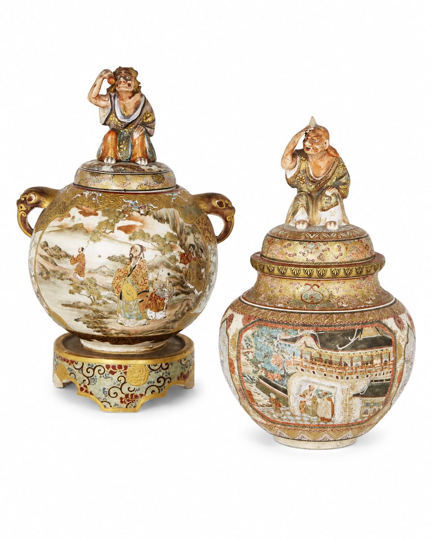 A pair of Satsuma koro: Dimensions: Largest height 22 cm. Description: A pair of Satsuma koro, late 19th century. One of rounded form with three-footed base, double oni-head handles and horned oni finial, the body decorated