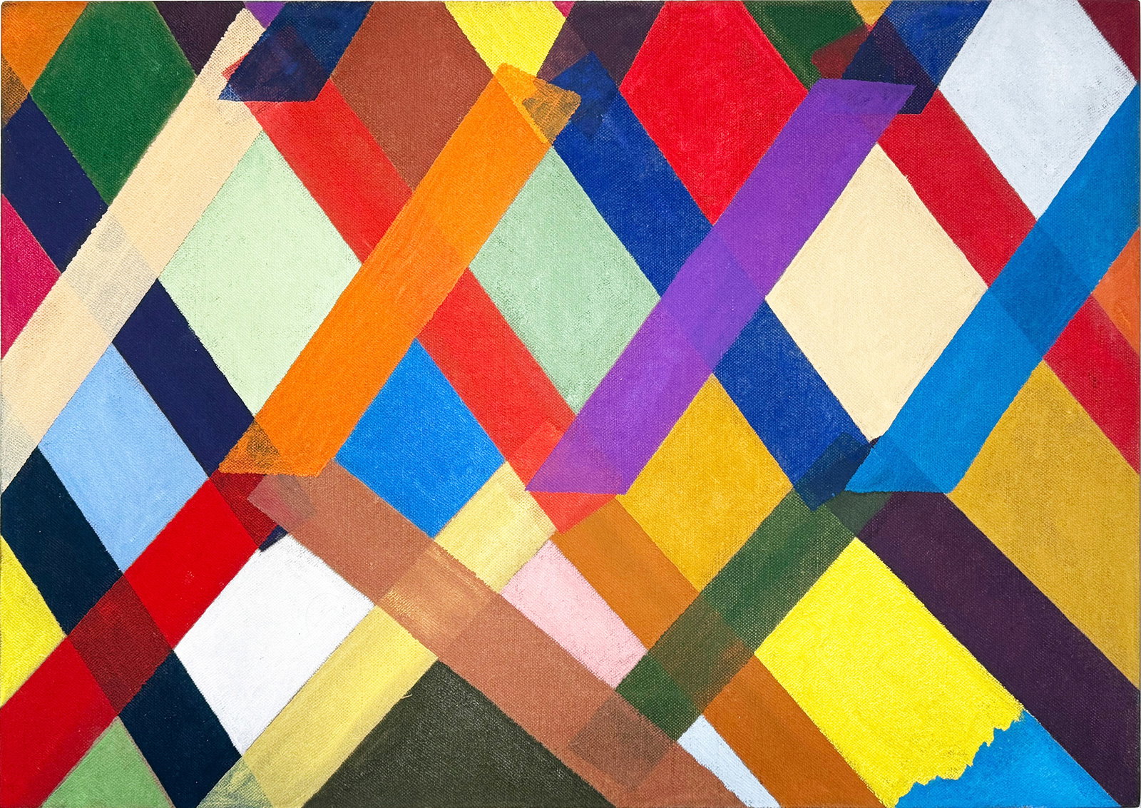 Piero Dorazio Attr. Abstract Composition, oil on canvas: Piero Dorazio (1927–2005) oil on canvas Dimensions: Image size 67 × 95 cm. Description: A dynamic abstraction of interwoven diagonal colour bands in red, yellow, blue, green and violet. The overlap