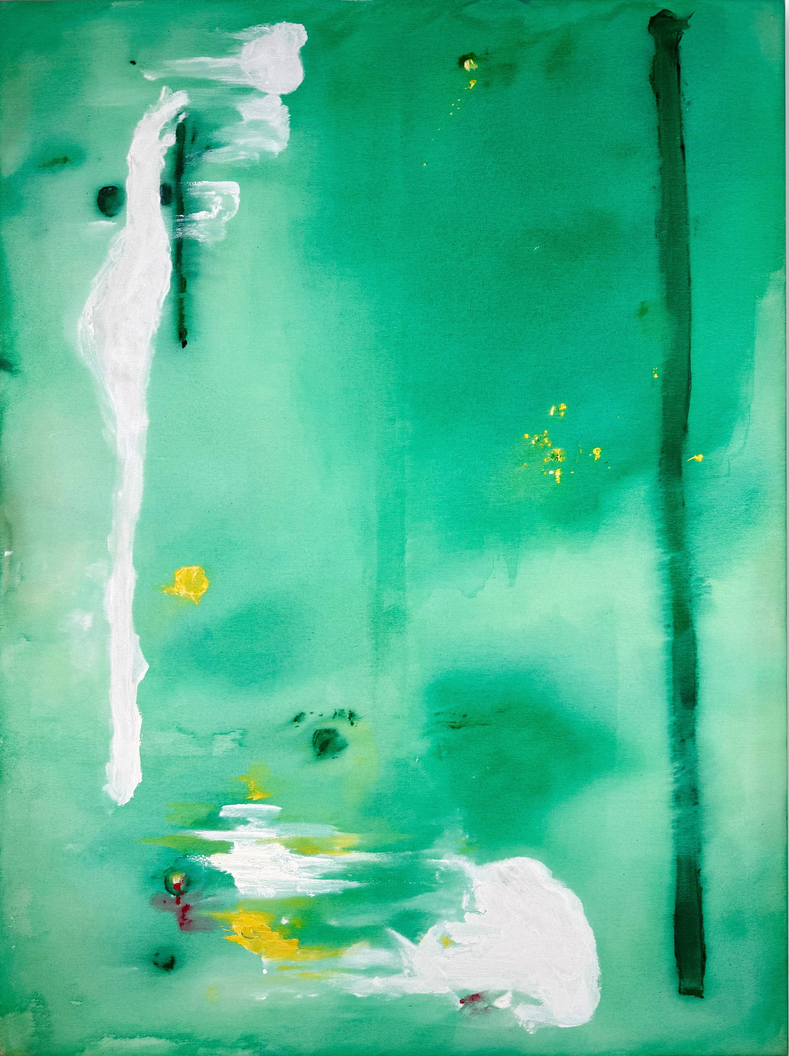 Helen Frankenthaler Attr. Decision, acrylic on canvas: Helen Frankenthaler (1928–2011) signed 'decision 1976' (verso) acrylic on canvas Dimensions: Image size 117 × 87 cm. Description: A large green-toned abstract composition with flowing washes, veils