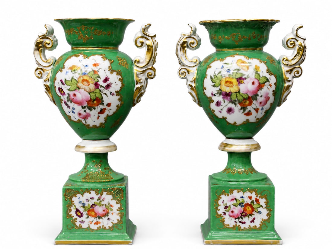 A pair of Paris porcelain green ground vases (1 of 1)