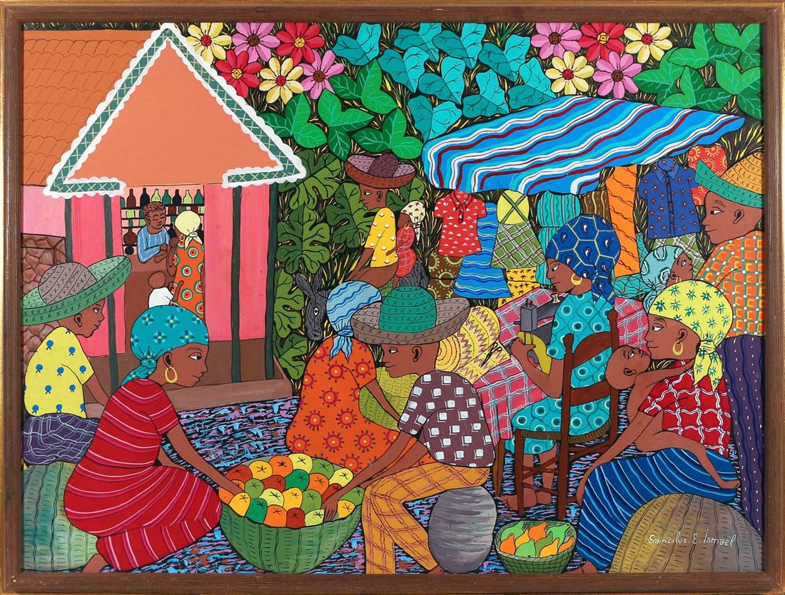Saincilus E. Ismael Attr. Market Scene, oil on board (1 of 3)