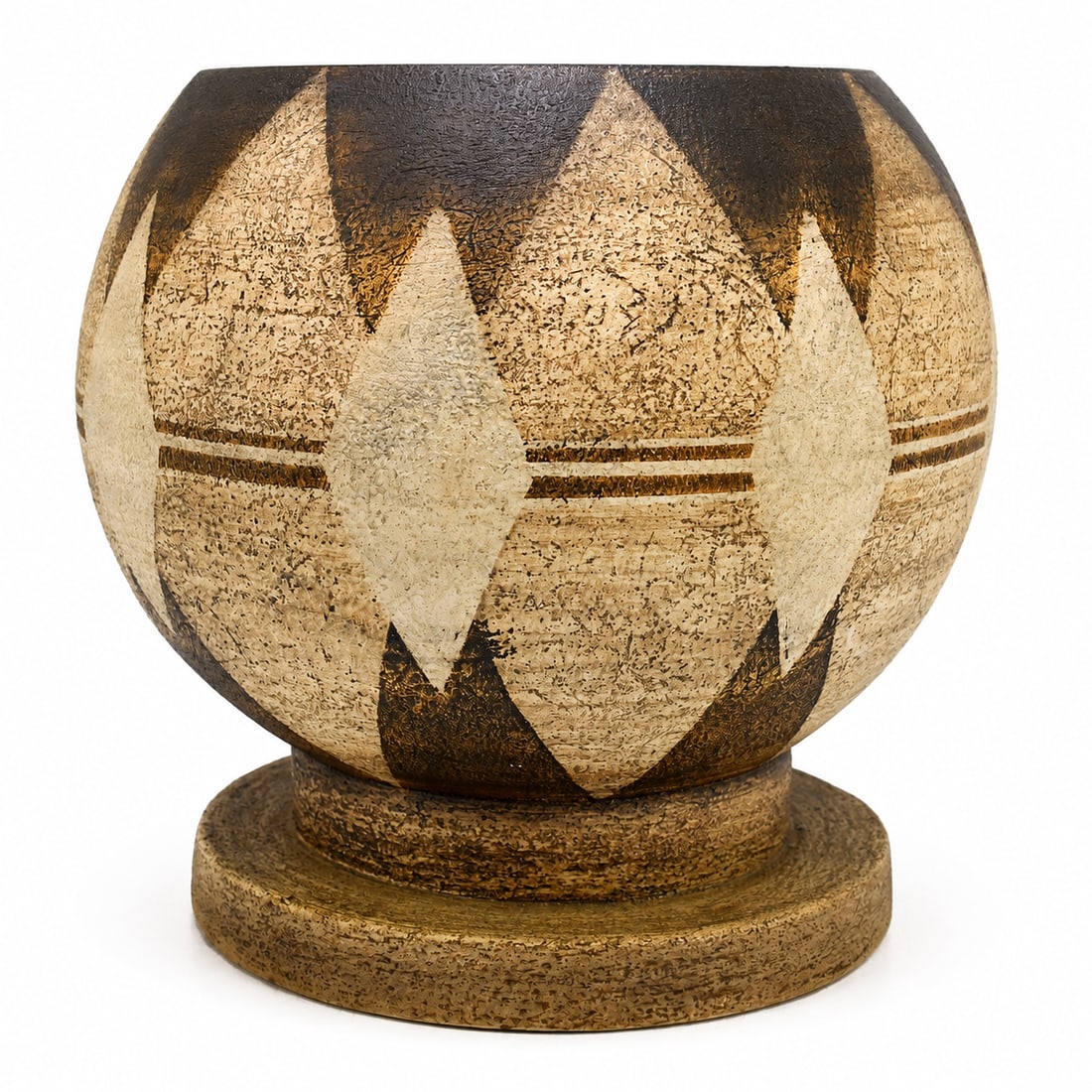 AVRIL BENNETT FOR TROIKA POTTERY: Avril Bennett for Troika Pottery Dimensions: Height 20 cm. Description: A globe vase with diamond decoration on a brown ground, signed ‘Troika Cornwall’ with painted initials to the underside. The