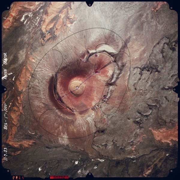 James Turrell, Print: "Roden Crater: Complete Site Plan", 2008, 30" x 40", Inkjet on paper, Artist proof. The subject of the print is an aerial photograph of Roden Crater taken by James Turrell in 1983, before any construc