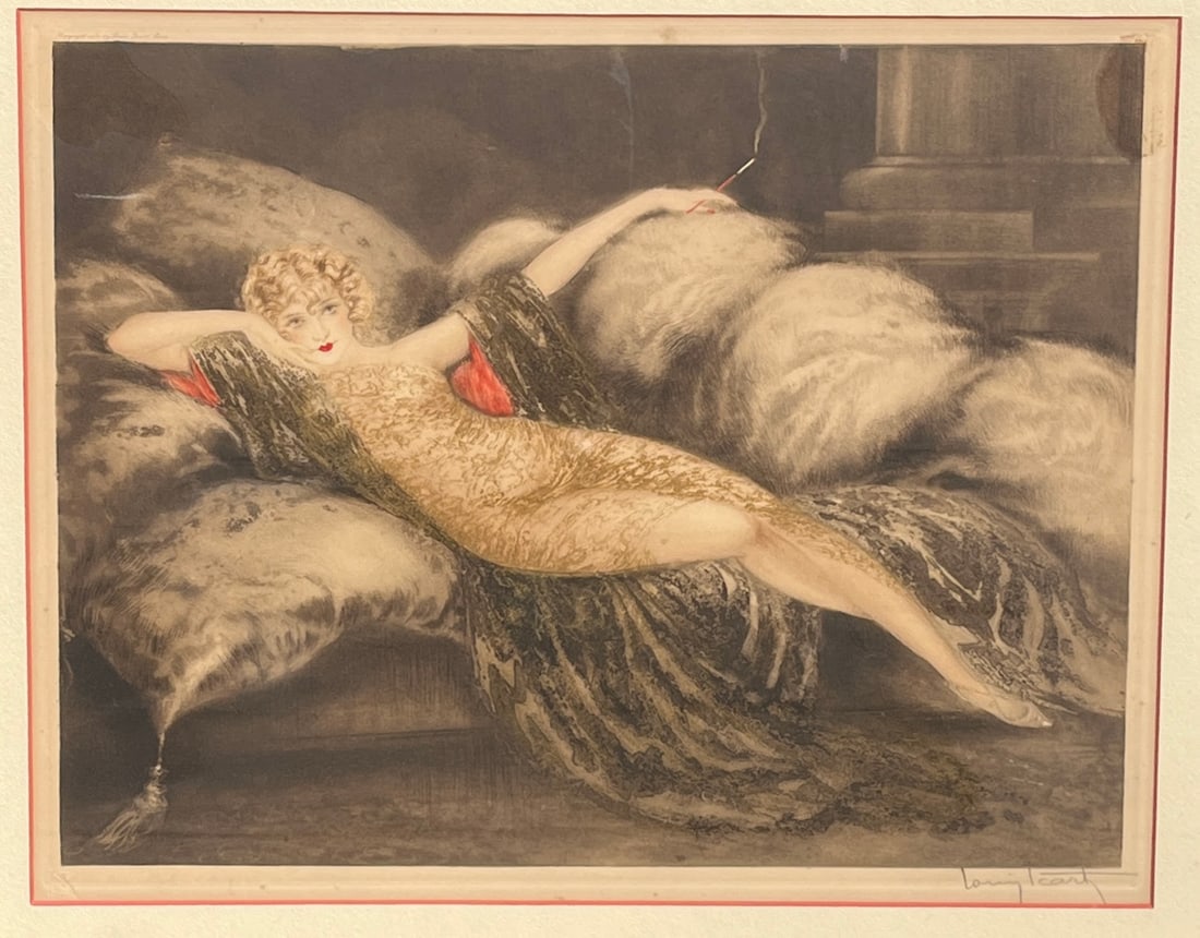 Louis Icart (French 1888-1950 ), Meditation / The Golden Veil, 1930, Etching On Paper: copyrighted and dated at upper left, signed in pencil (at lower right): Louis Icart, blind stamp (at lower left), H: 23 1/2", w: 27 1/2" (framed), H: 16", w: 20" (sight)