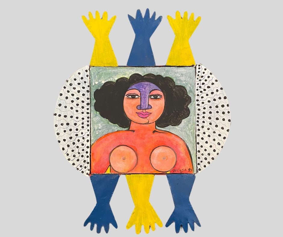 Jesus Tellosa (Mexican, 1936-2012), Nude Female Bust, 1995: Oil On Board Inset Into Painted Metal Frame, signed and dated (at lower right): Tellosa 95, H: 14 3/4", w: 11 1/2"