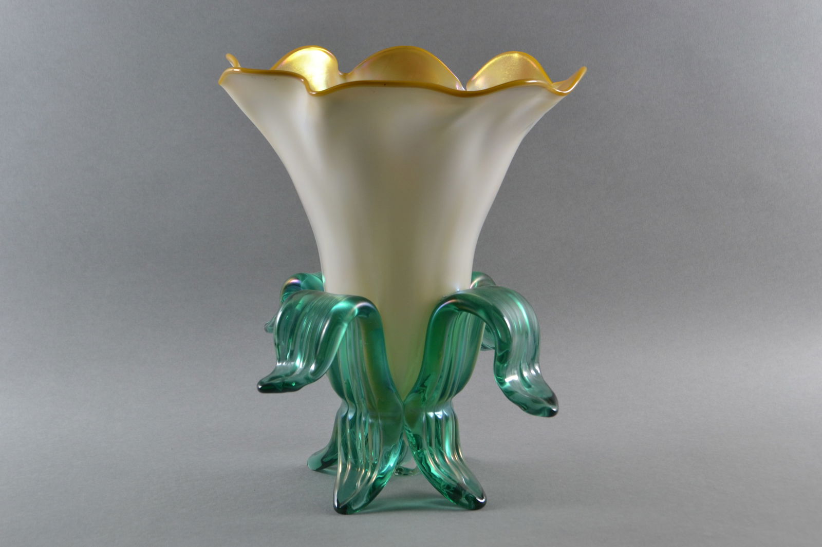 John Cook (American) Studio Art Glass Flower Vase. 1994: Signed and dated on underside: Cook 94, H: 11 1/4", w: 9"