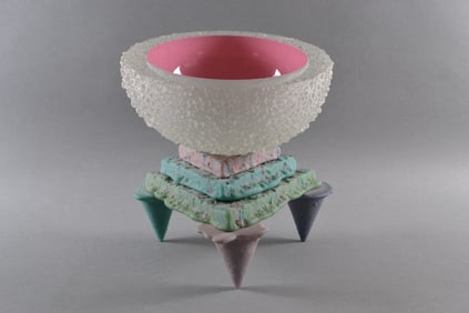 Molly Stone (American) Postmodern Memphis Style Pink Teal Purple Studio Art Glass Sculpture, 1988
