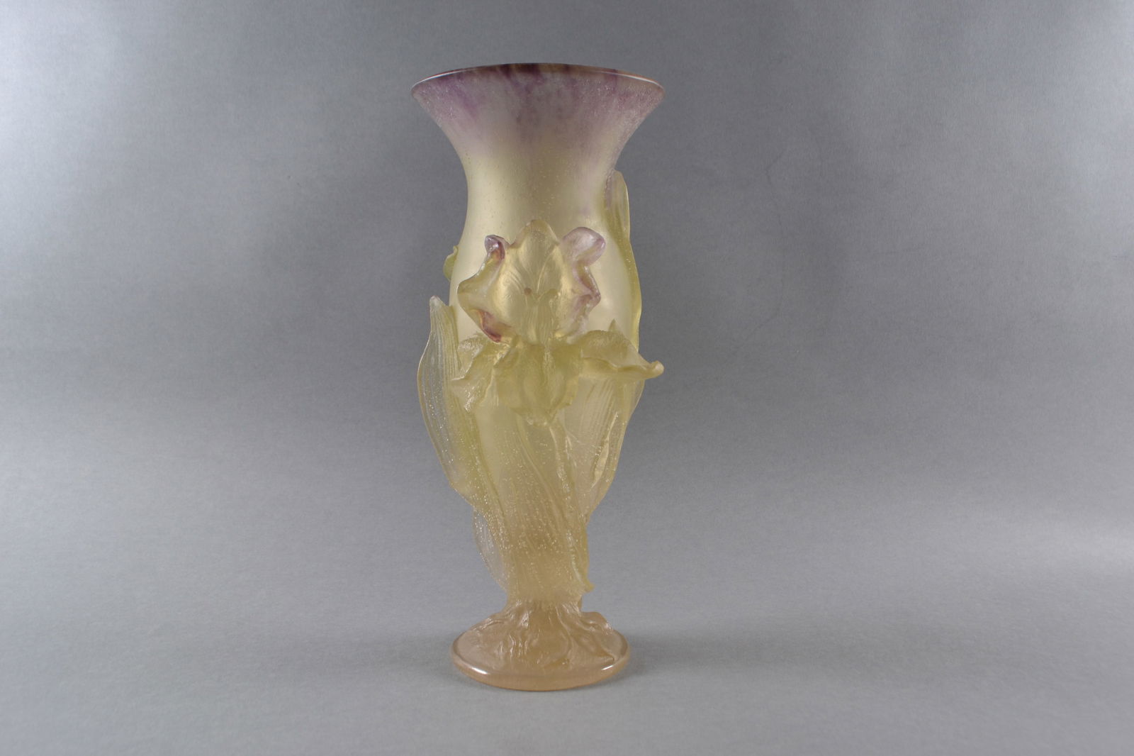 Daum France, Pate De Verre Iris Vase, Late 20th C: Signed Daum, France, H: 11", dia: 5 1/4"