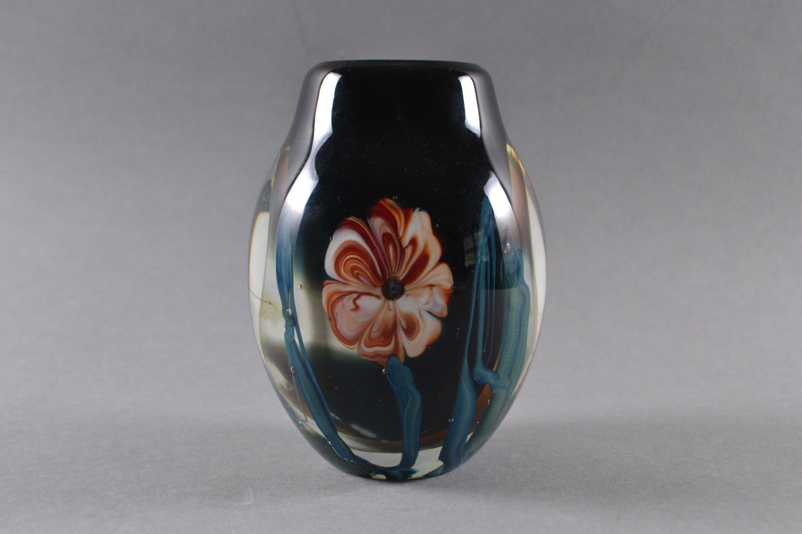 Josh Simpson (American), Art Glass Paperweight Vase, circa 1980: Urn shaped cased glass vase with marbleized and floral motifs, signed Simpson at base, numbered 4-130m, H: 5 1/4", dia: 3 1/4"