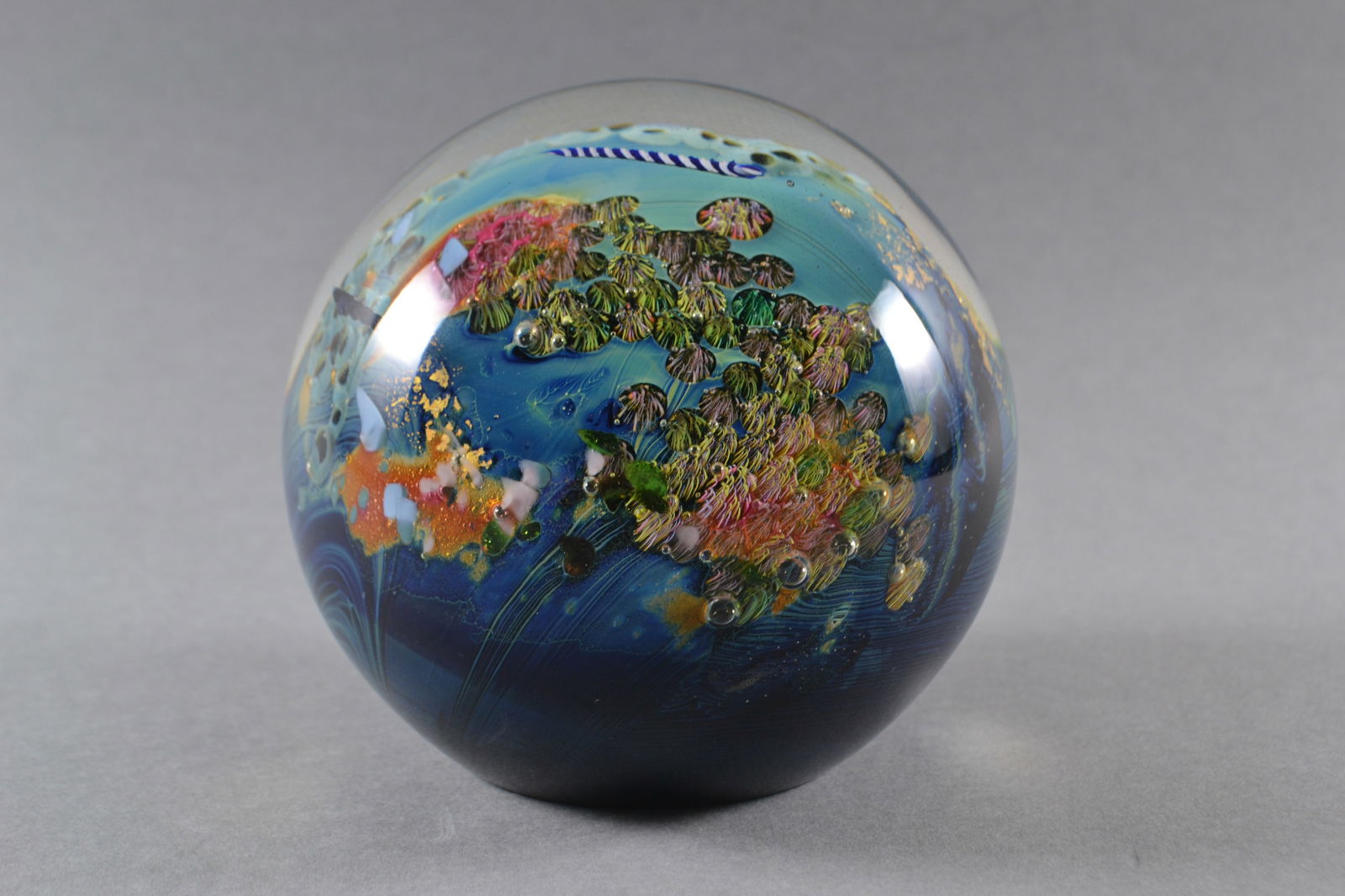 Josh Simpson (American), Planets Series Art Glass Paperweight, 1992: Ocean motifs and colors, signed Simpson, numbered and dated at base, H: 4 1/4", dia: 5"