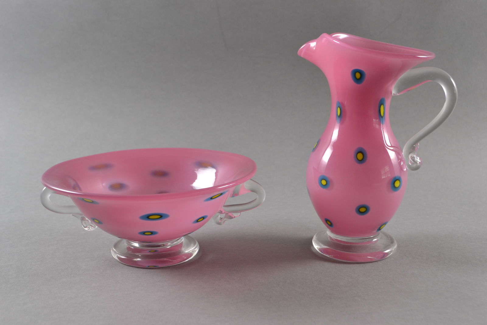 Pinkwater Glass (American), Art Glass Creamer And Sugar Bowl, 1998: Signed Pinkwater and dated at base, Creamer H:6"; Bowl H: 2 1/2", dia: 6 1/4"