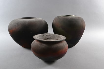 Leslie Mitchell And Hall Carlson, Raku Clay Vase Studio Art Pottery Pots, Circa 1983