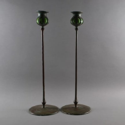 American Deluxe, Art Nouveau Style Bronze And Glass Candlesticks,: After Tiffany & Co., signed at underside: American Deluxe 902 and 703, H: 17", dia (at base): 5 1/2"