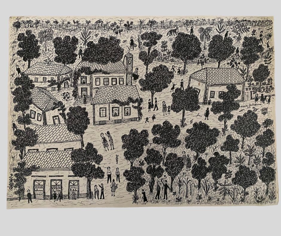 Zica Bergami (brazilian, 1913-2011), Vilarejo, 1982, Ink On Paper: Landscape scene of small village building and townspeople set amongst trees H: 14 1/2, w: 20 1/4 inches, signed within drawing at mid-right: Zica Bergami 82Condition: one 1/4 inch brown stain at mid-r