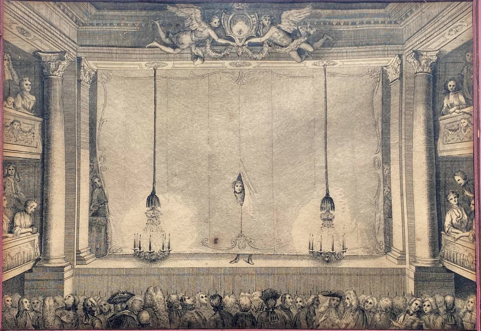 Print After Charles-Antoine Coypel, The Comedie Francaise During The Time Of Moliere (1622-73): H: 14 3/4, w: 18 inches (framed) H: 8 5/8, w: 11 1/4 inches (sight)