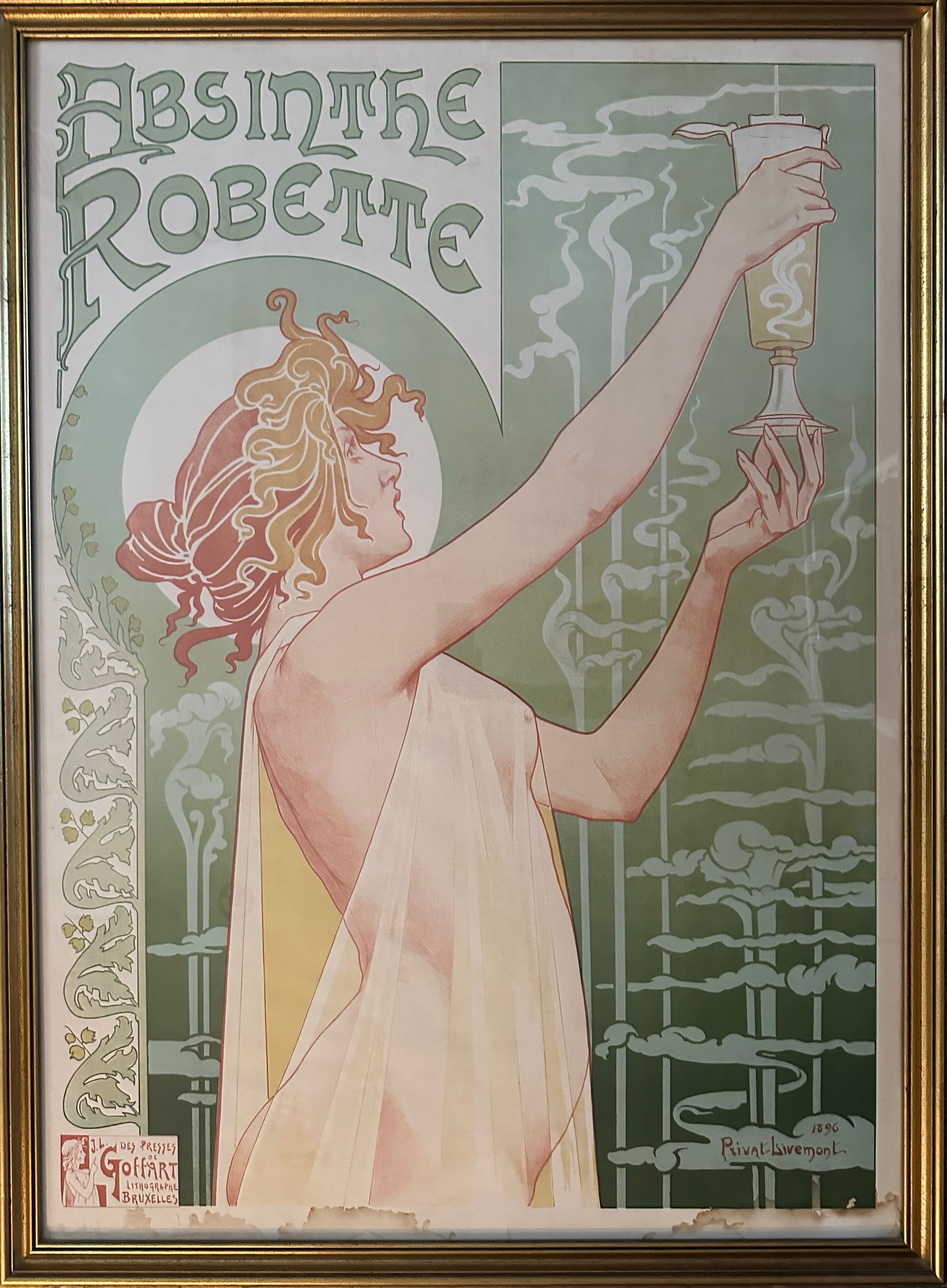 Henri Privat- Livemont (french, 1861-1936) Absinthe Robette Poster: H: 46 1/4, w: 36 1/4 inches (framed), H: 31 1/4, w: 43 3/8 inches (sight), linen lined