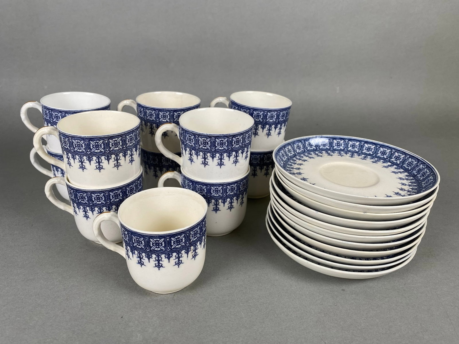 Antique Victorian (1886) Royal Worcester Set Of 11 Demitasse Cups And Saucers: Made by the English porcelain maker Royal Worcester for the Boston importers Jones McDuffee & Stratton mark indicating date of 1886Saucer - Dia: 4 3/8 inches Cup - H: 2 1/4 inches