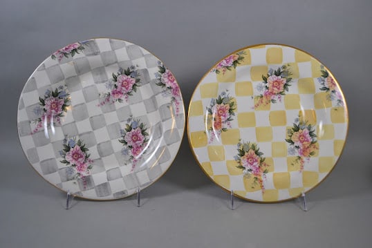 Mackenzie Childs Terracotta Dinner Plates, 1989-1993: Yellow - Dia.:11 1/4 inchesGrey - Dia.: 11 3/4 inchesBoth are stamped on back Victoria and Richard Mackenzie - Childs LTD 1992 and 1993 with artist identification stamps N and R respectively