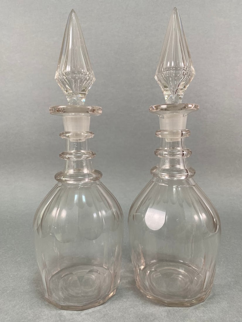 Pair Of 19th Century Georgian Three Ring Glass Decanters With Spire Stoppers: H: 14 inches