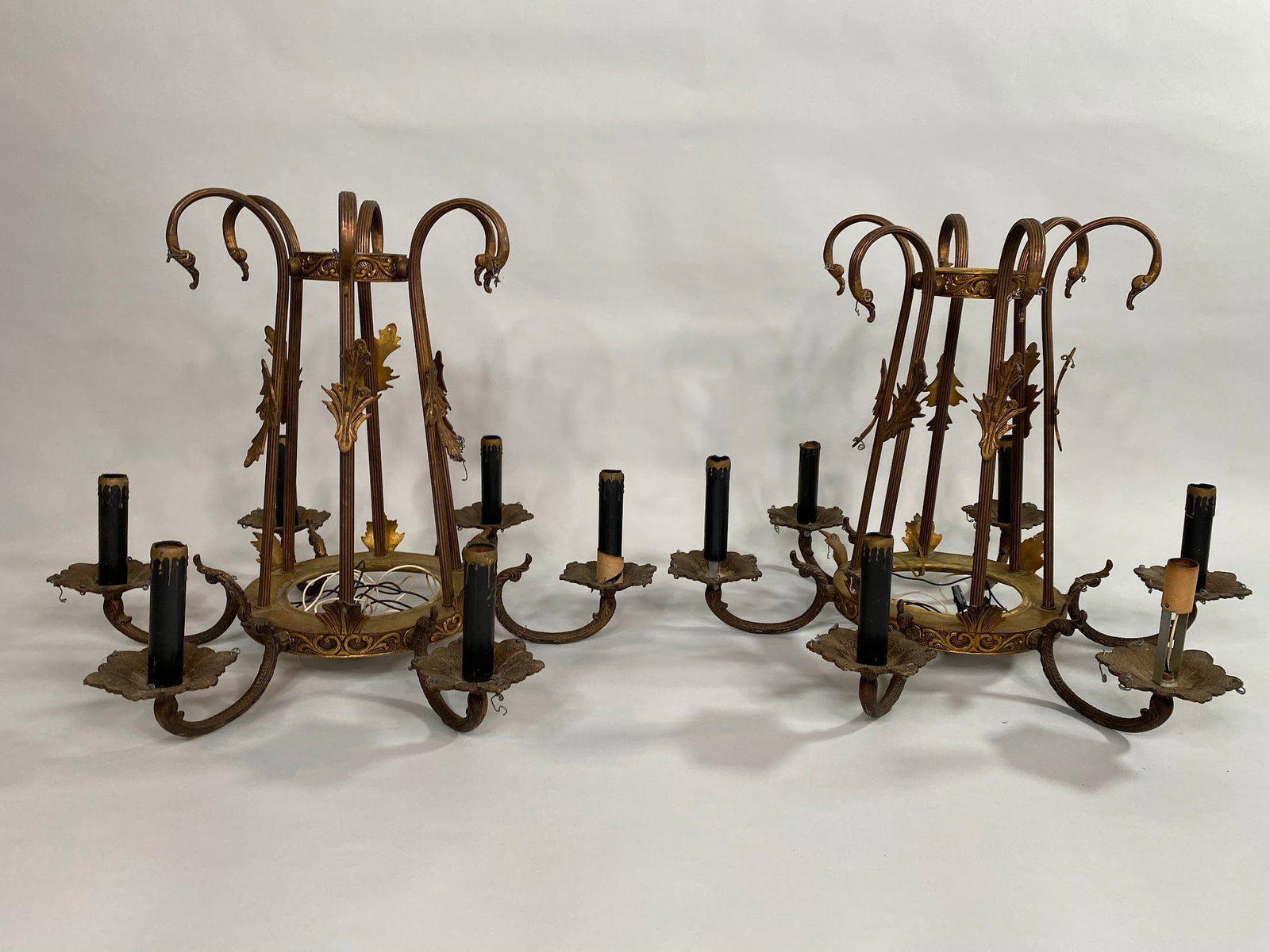 Pair Of French Empire Style Six Light Chandeliers: H: 19 1/2, w: 27 inches