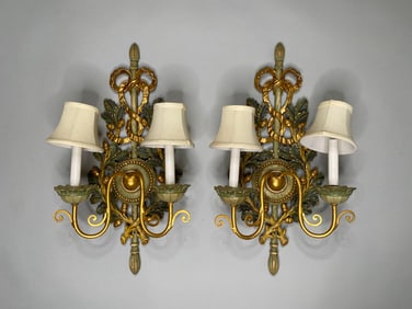 Pair Of Italian Baroque Style Wood Carved And Paint Decorated Two Light Sconces, Circa 1960