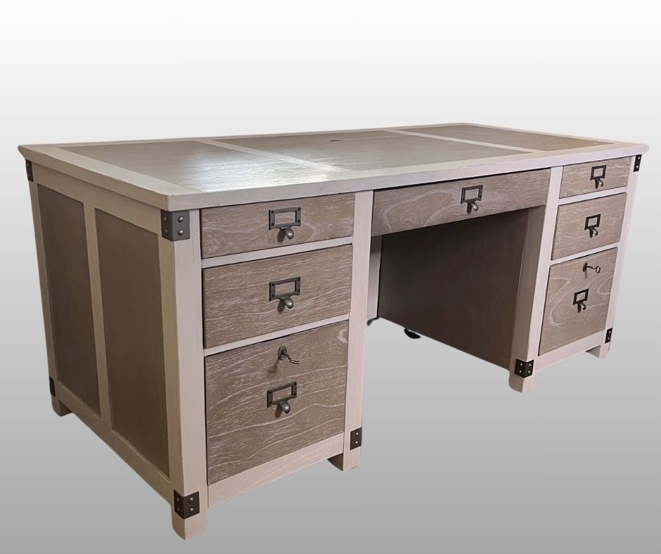 Arhaus White Telegraph Executive Desk: With built in power strip, H: 30 1/4, w: 70, d: 32 inches