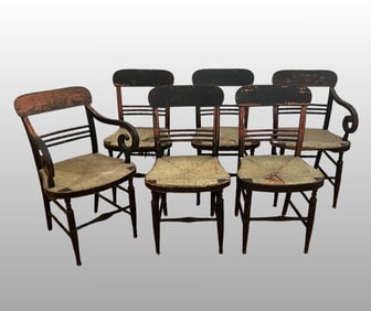 Set Of Six Sheraton Black Paint And Stencil Decorated Dining Chairs With Rush Seats, Circa 1840