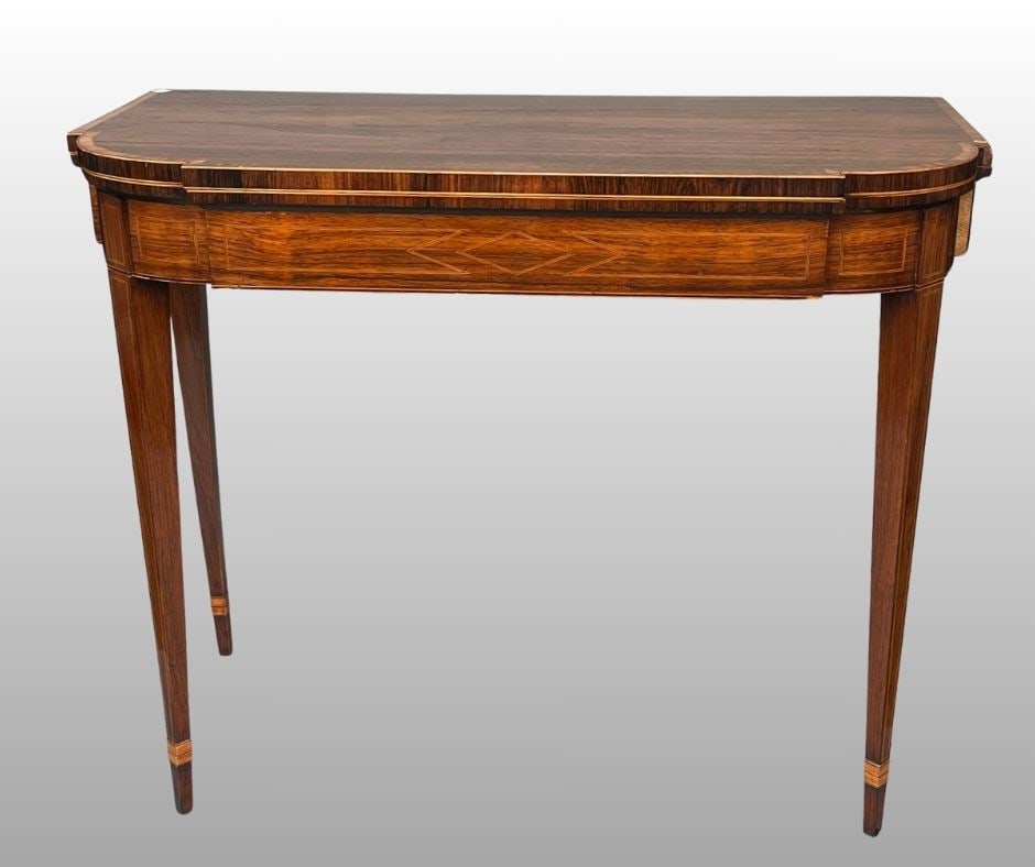 English Hepplewhite Mahogany And Satinwood Inlaid Card Table , Circa 1800: Retaining Owner Label on underside H: 29 1/2, w: 36, d: 18 inches