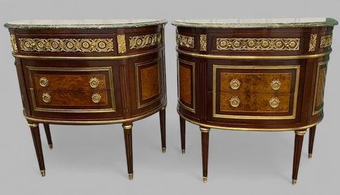 Pair Of Neo Classical Style D Shaped Cabinets With Marble Tops