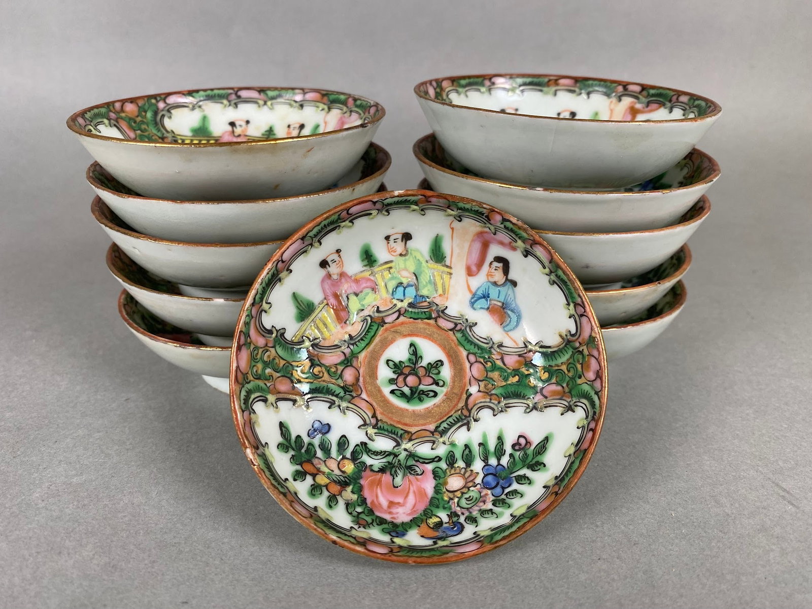 Set Of 11 Rose Medallion Small Bowls, C Early 20th Century: H: 1 1/4, dia: 3 1/8 inches, stamped China, CONDITION: one bowl has 3 chips along rim