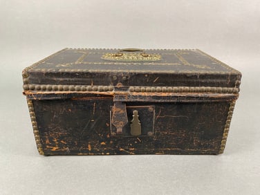 19th Century Leather And Nail Head Decorated Document Box Labeled John B. Baker Manufacturing,