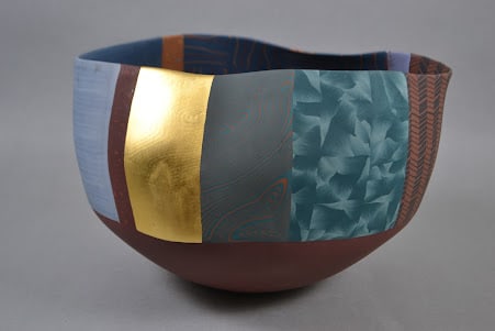 Thomas Hoadley, Nerikomi Bowl: colored porcelain and gold leaf signed on underside: H: 6 7/8", w: 11 1/4.