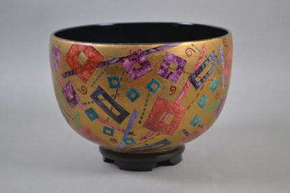 Chinese Inspired Multicolor Ceramic  Bowl With Geometric Decoration