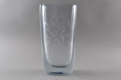 Strombergshyttan Glassworks Midcentury Stromberg Blue Etched Crystal Swimming Fish Vase