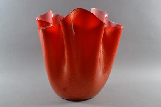 Venini Fazzoletto Bicolore Vase Or Handkerchief Vase, 2002: Red/orange glass with gold leaf inclusions and white interior, signed and dated on underside, H: 11 1/4, w: 10 3/4 inches