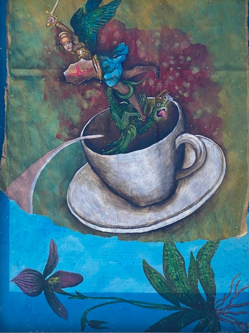 Alejandro Mazon, (Cuban/American, B.1962), Saint George And The Lady Slipper, 2000: Mixed Media Acrylic on paperFramed - H: 16 3/4, w: 20 3/4 inches