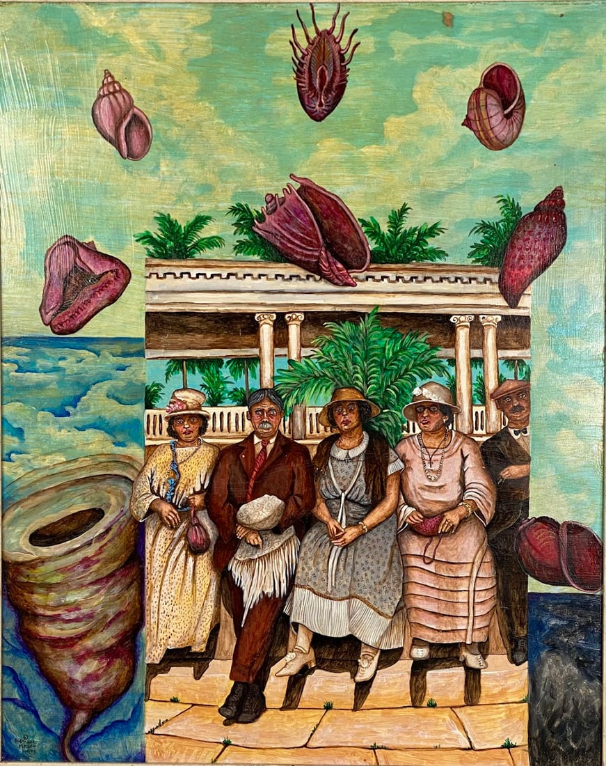 Alejandro Mazon, (Cuban/American, B.1962), Palm Bench Gothic, 1998: Acrylic on board signed lower left corner Framed - H: 28.5, w: 24.5 inches