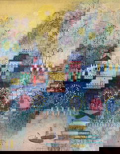 Heishi Yu (Chinese American, B. 1935), Modernist Town, Oil On Canvas, 20th Century: H: 21 1/4 x w: 17 1/8 inches (framed), h: 20 x w: 16 (stretcher)