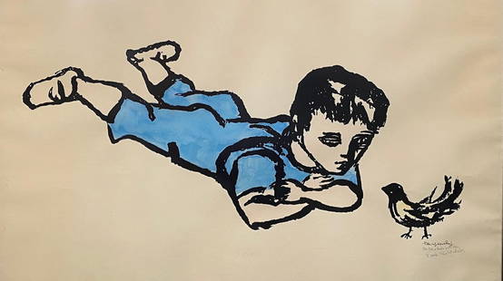 Frank Kleinholz, (American, 1901-1987), Boy With Bird, 1969: Inscribed, dedicated, signed and dated (at lower right); F. Kleinholz Artist Proof For Bob and Anita with love F Ralph Kleinholz 12/28/69 H: 30 1/4 x w: 42 1/4 inches (framed)