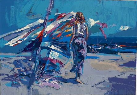 Nicola Simbari (Italian, 1927 - 2012), Ostia Beach, 1978: lithograph on paper, edition of 300, signed at lower right Simbari, numbered at lower left 42/300 H: 38 x w: 48 inches (framed), H: 29 1/2 x 39 1/2 inches (sight)