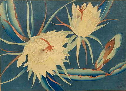 Shirley Hopper Russell (American, 1886-1985), Night Blooming Cereus, C.1930: woodcut on paper, signed in block at lower right: SR, H 17 5/8 x w: 21.5 inches (framed), H: 9 3/4 w: 13 1/5 inches (sight)Shirley Ximena Hopper Russell, also known as Shirley Marie Russell, was an