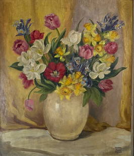 Helena Smith Dayton (American, 1879 - 1960) Floral Still Life, 20th Century: oil on canvas, H: 34 3/4 x w: 29 1/2 (framed), H: 30 x w: 25 (stretcher). Helena Smith Dayton was an American filmmaker, painter and sculptor working in New York City. She is known as a painter